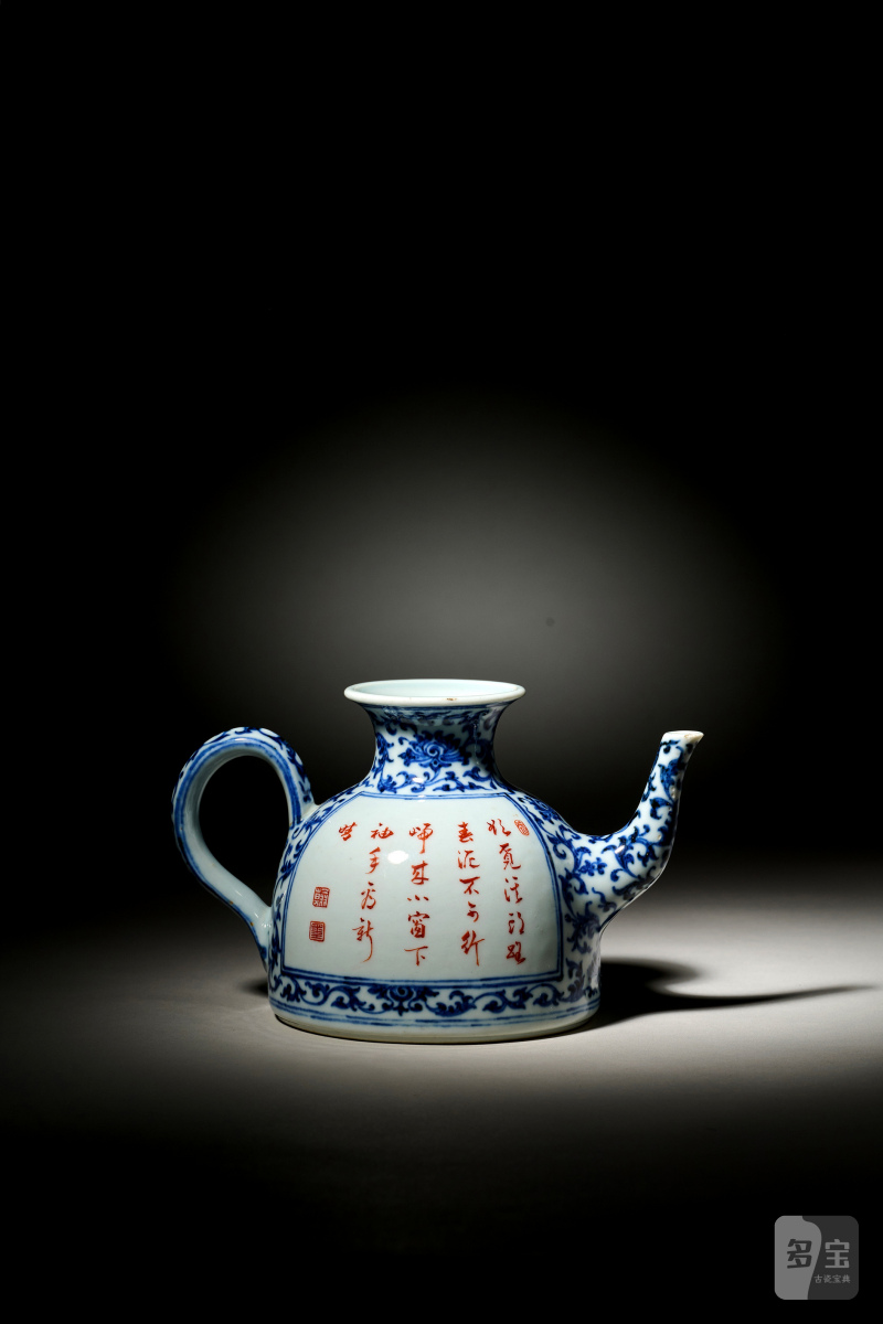 清乾隆 唐英製青花开光粉彩山水高士赏游诗意图茶壶 - 图11
